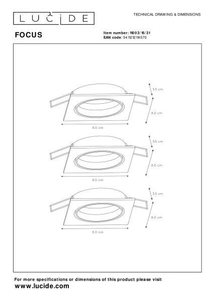 Lucide FOCUS - Inbouwspot - LED Dimb. - GU10 - 3x5W 3000K - Wit - Set van 3 - technisch